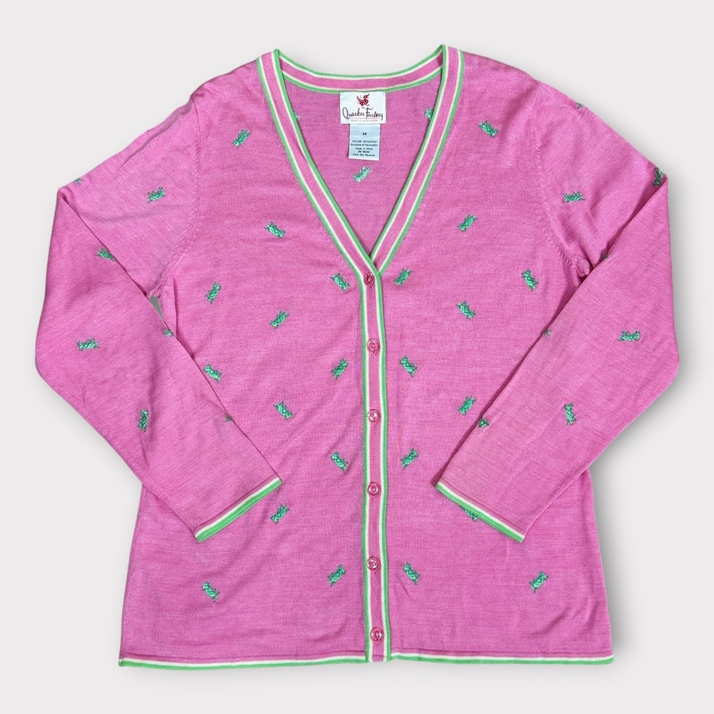 Quaker Factory Pink Grasshopper Embroidered‎ V-Neck Button Cardigan Sweater M